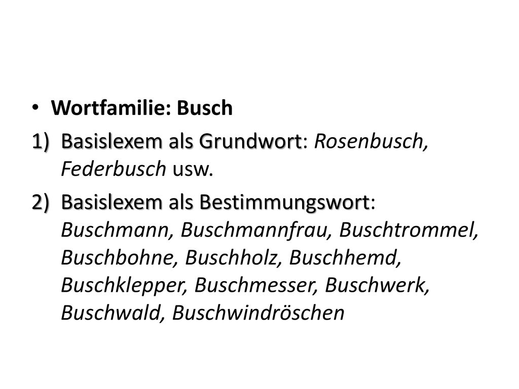 Wortfamilie: Busch Basislexem als Grundwort: Rosenbusch, Federbusch usw.