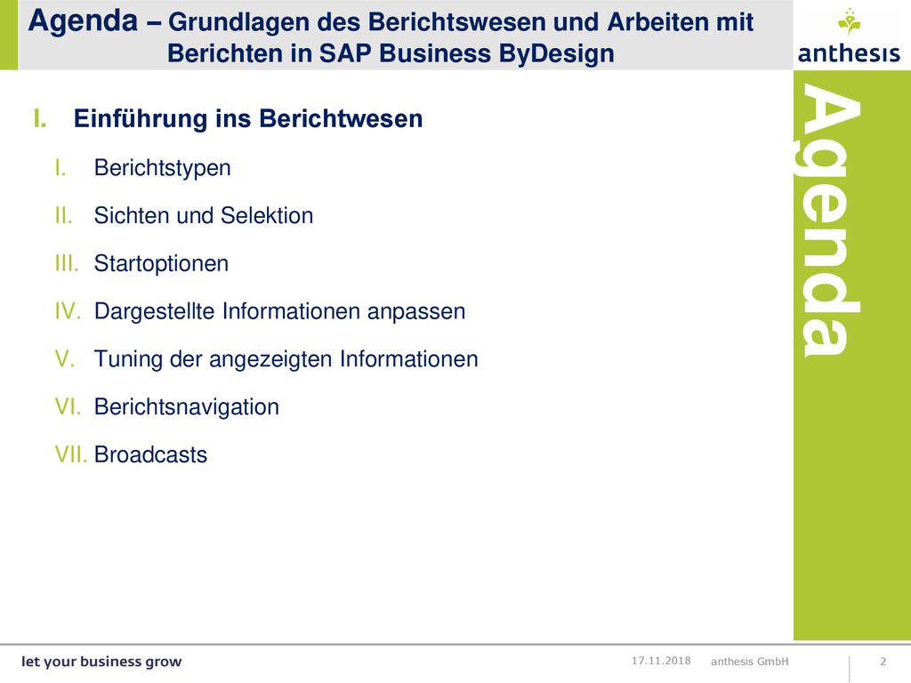 Agenda – Grundlagen des Berichtswesen und Arbeiten mit Berichten in SAP Business ByDesign