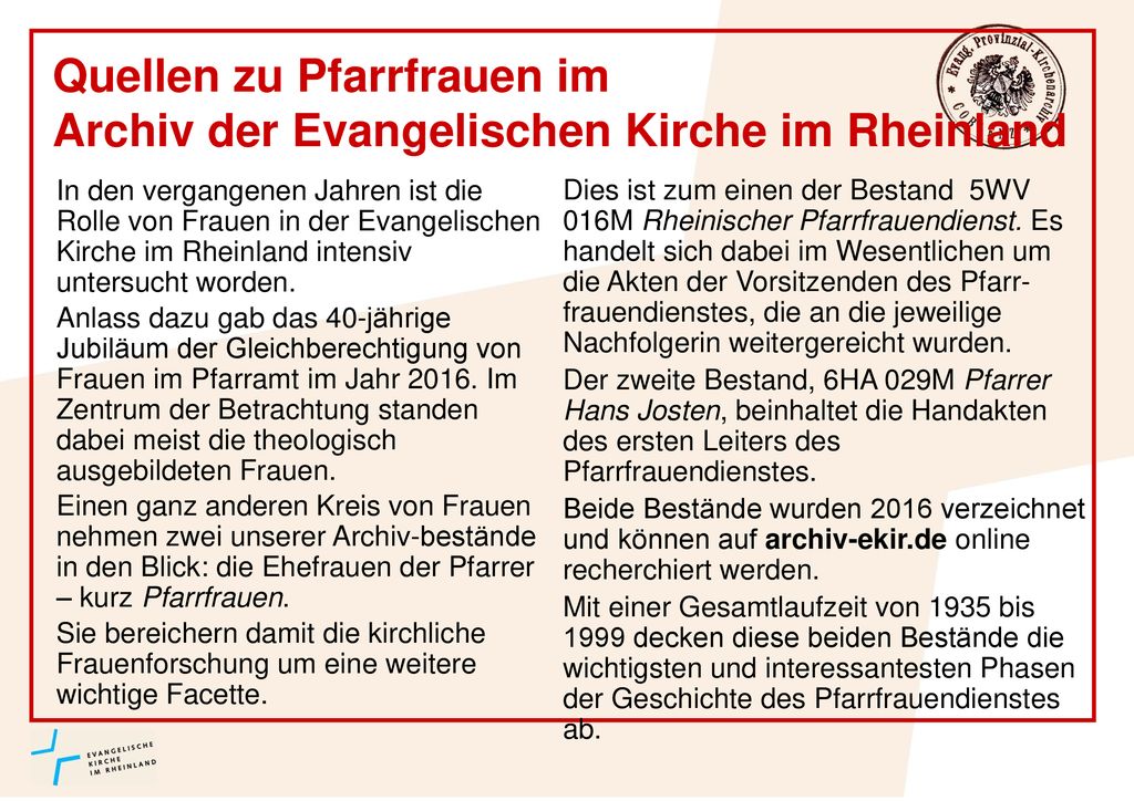 Quellen zu Pfarrfrauen im Archiv der Evangelischen Kirche im Rheinland