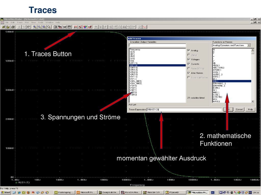 Traces 1. Traces Button 3. Spannungen und Ströme 2. mathematische