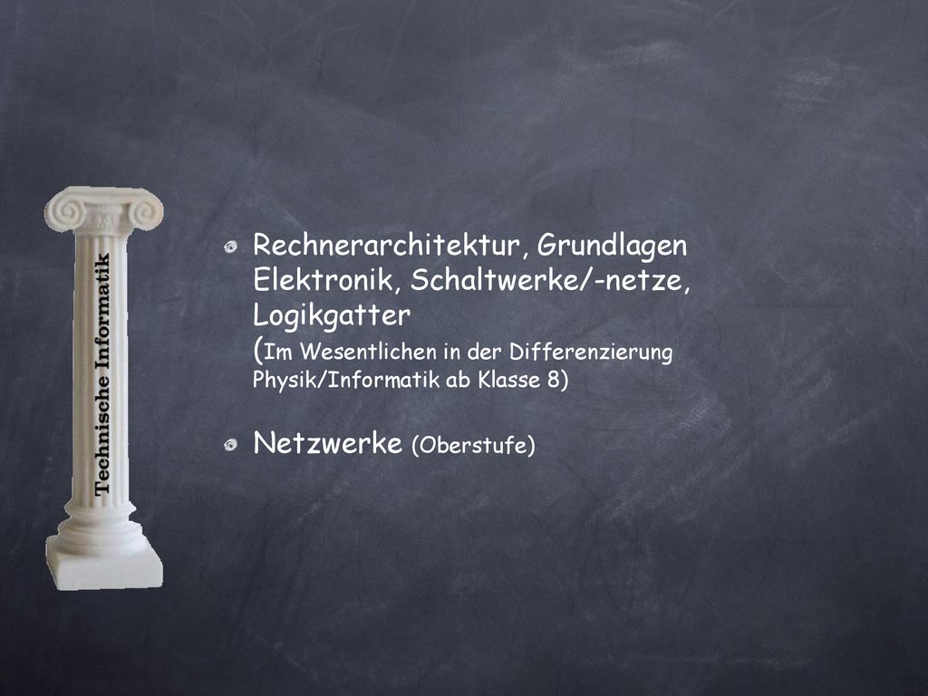 Rechnerarchitektur, Grundlagen Elektronik, Schaltwerke/-netze, Logikgatter (Im Wesentlichen in der Differenzierung Physik/Informatik ab Klasse 8)