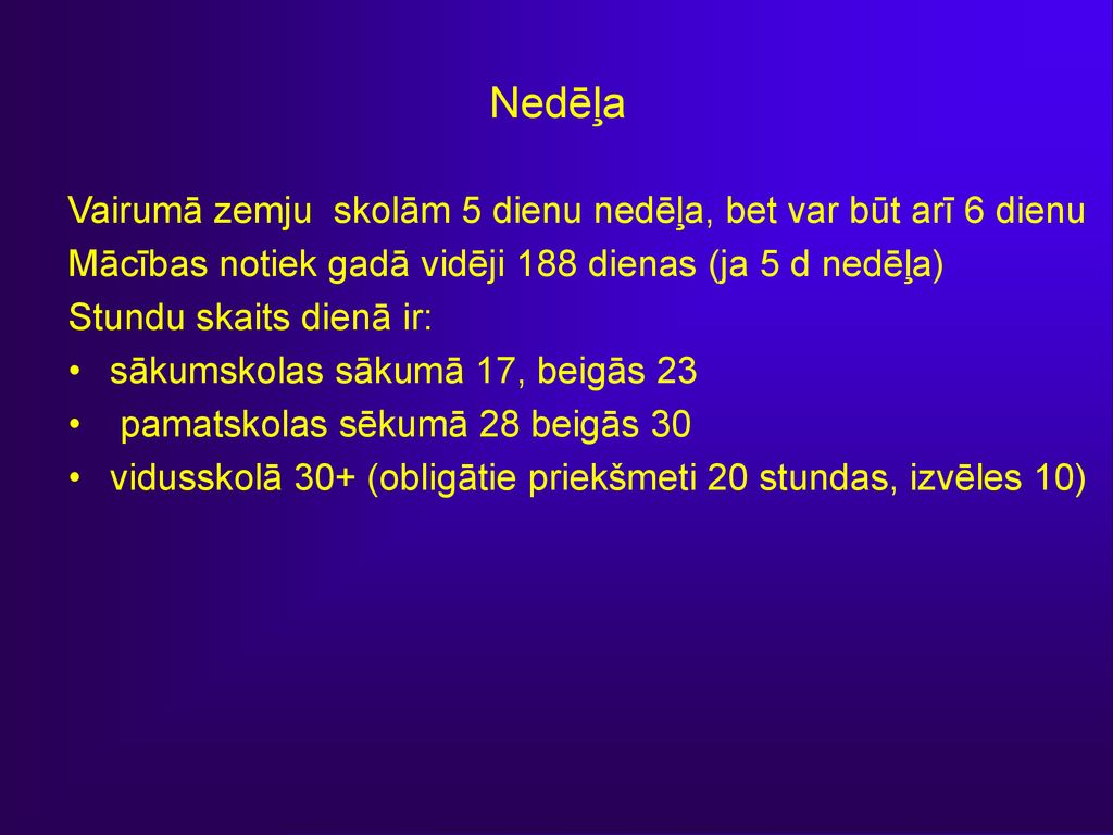 Nedēļa Vairumā zemju skolām 5 dienu nedēļa, bet var būt arī 6 dienu