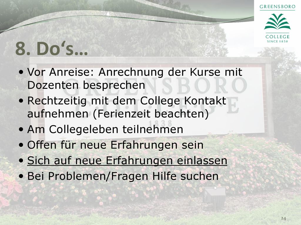8. Do‘s… Vor Anreise: Anrechnung der Kurse mit Dozenten besprechen
