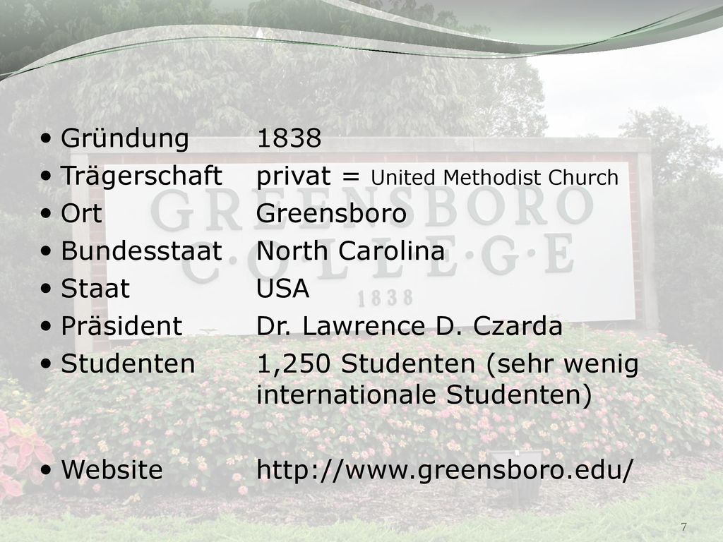Gründung 1838 Trägerschaft privat = United Methodist Church. Ort Greensboro. Bundesstaat North Carolina.