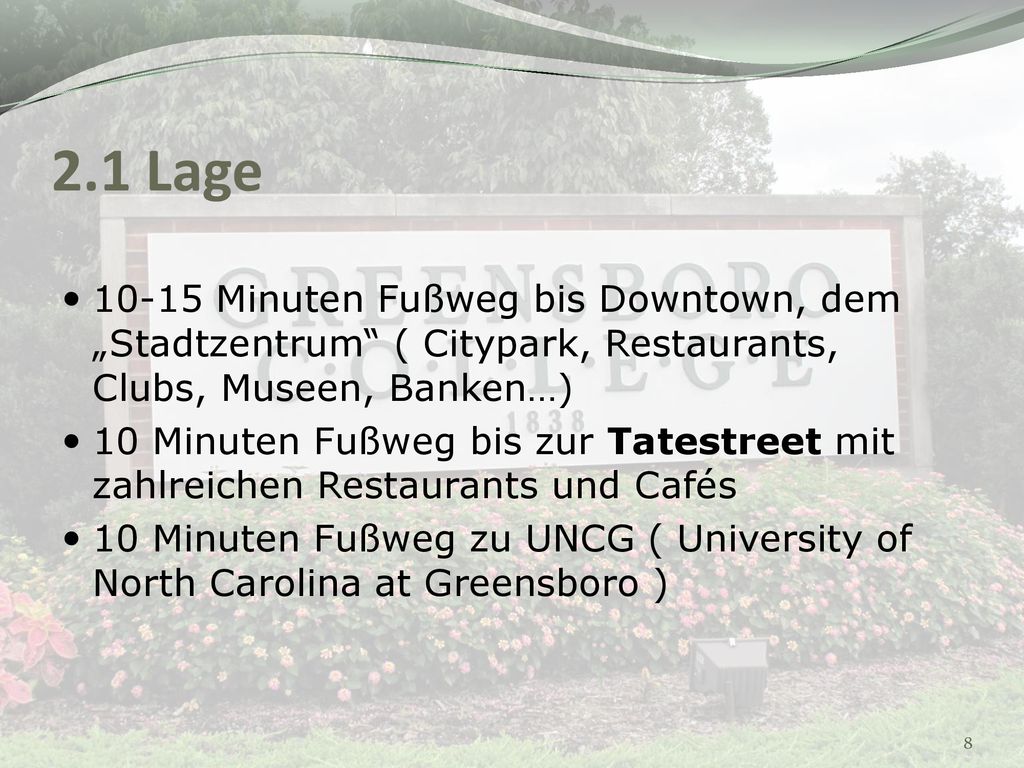 2.1 Lage Minuten Fußweg bis Downtown, dem „Stadtzentrum ( Citypark, Restaurants, Clubs, Museen, Banken…)