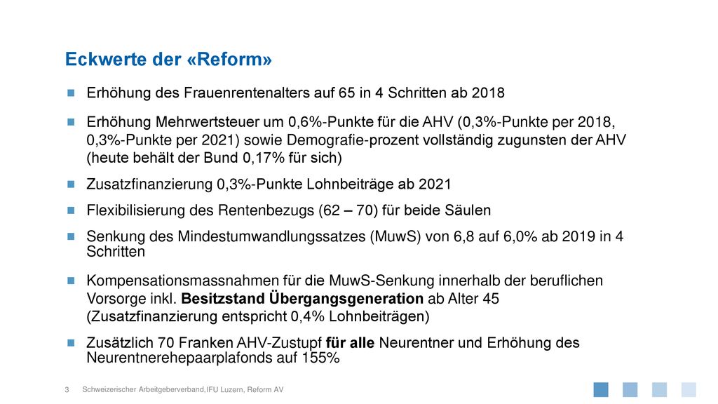 Eckwerte der «Reform» Erhöhung des Frauenrentenalters auf 65 in 4 Schritten ab