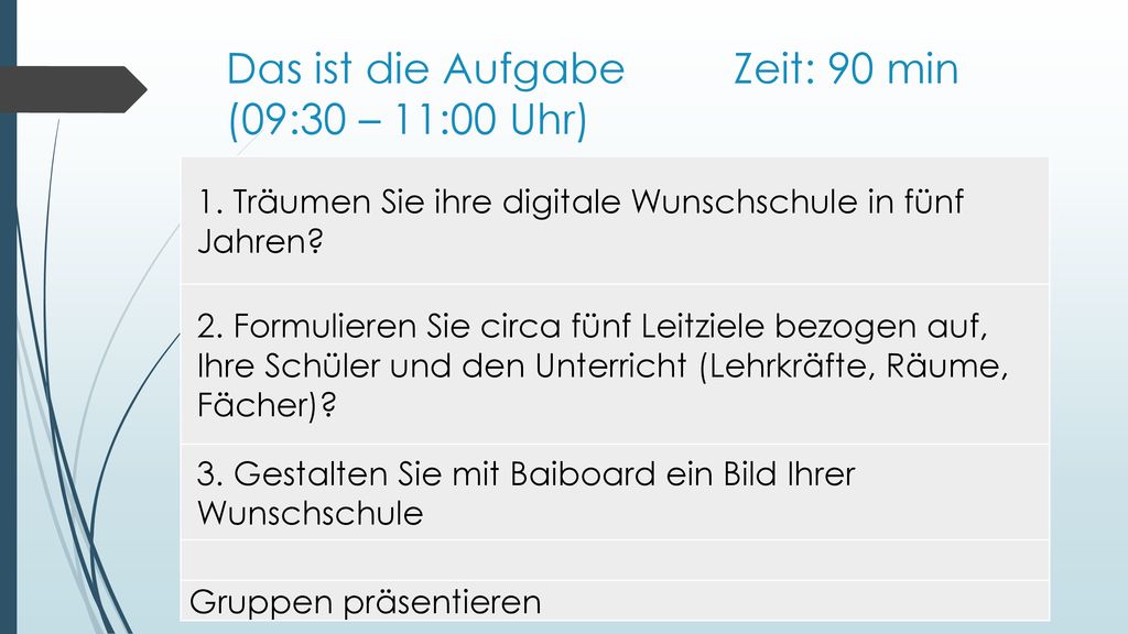 Das ist die Aufgabe Zeit: 90 min (09:30 – 11:00 Uhr)