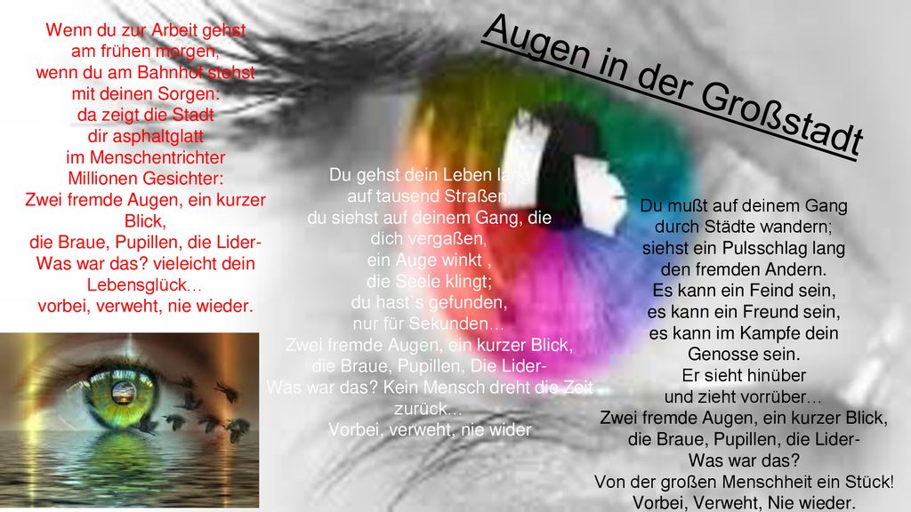 Augen in der Großstadt Wenn du zur Arbeit gehst am frühen morgen,