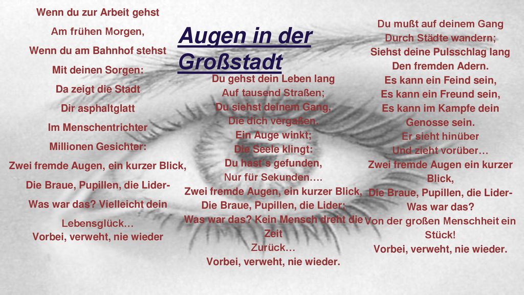 Augen in der Großstadt Wenn du zur Arbeit gehst Am frühen Morgen,