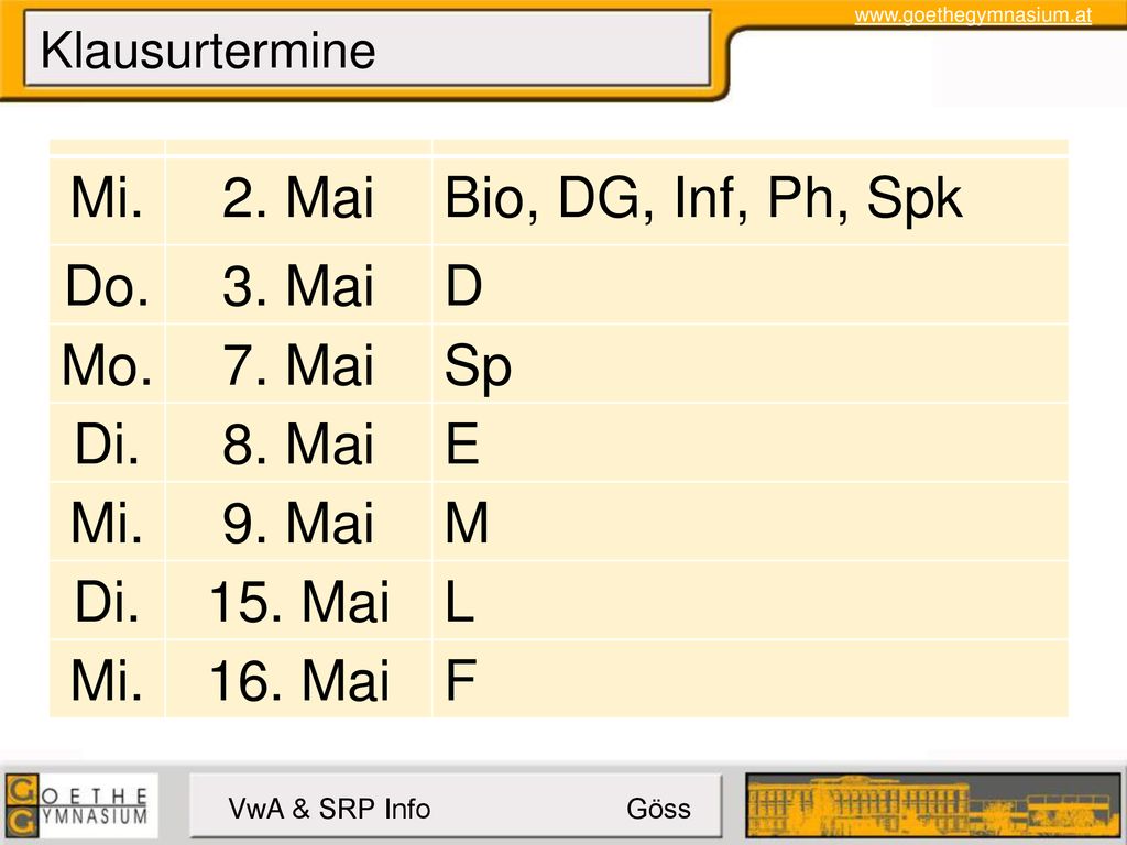 Mi. 2. Mai Bio, DG, Inf, Ph, Spk Do. 3. Mai D Mo. 7. Mai Sp Di. 8. Mai