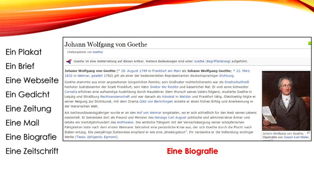 Ein Plakat Ein Brief. Eine Webseite. Ein Gedicht. Eine Zeitung. Eine Mail. Eine Biografie. Eine Zeitschrift.