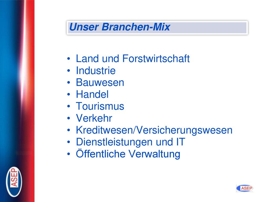 Unser Branchen-Mix Land und Forstwirtschaft. Industrie. Bauwesen. Handel. Tourismus. Verkehr. Kreditwesen/Versicherungswesen.