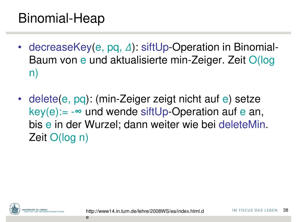 Binomial-Heap decreaseKey(e, pq, 𝛥): siftUp-Operation in Binomial-Baum von e und aktualisierte min-Zeiger. Zeit O(log n)