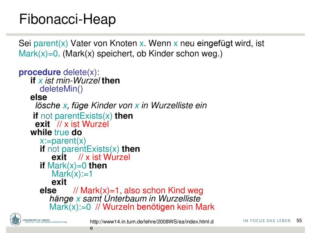 Fibonacci-Heap Sei parent(x) Vater von Knoten x. Wenn x neu eingefügt wird, ist. Mark(x)=0. (Mark(x) speichert, ob Kinder schon weg.)
