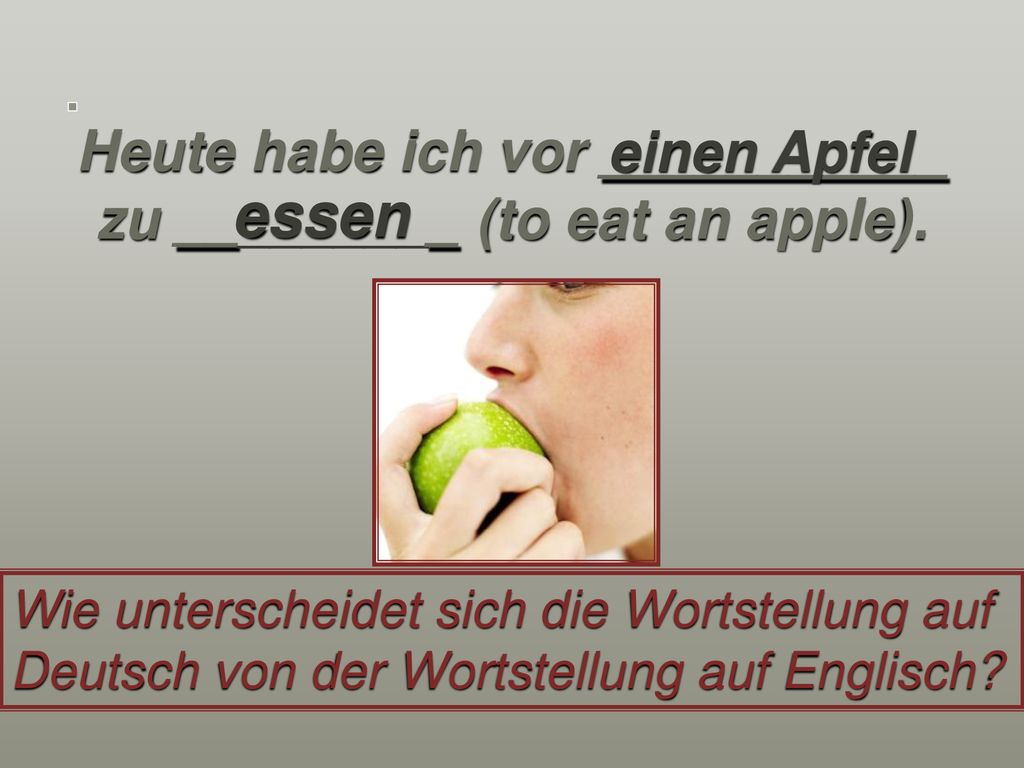 Heute habe ich vor ___________ zu _________ (to eat an apple).