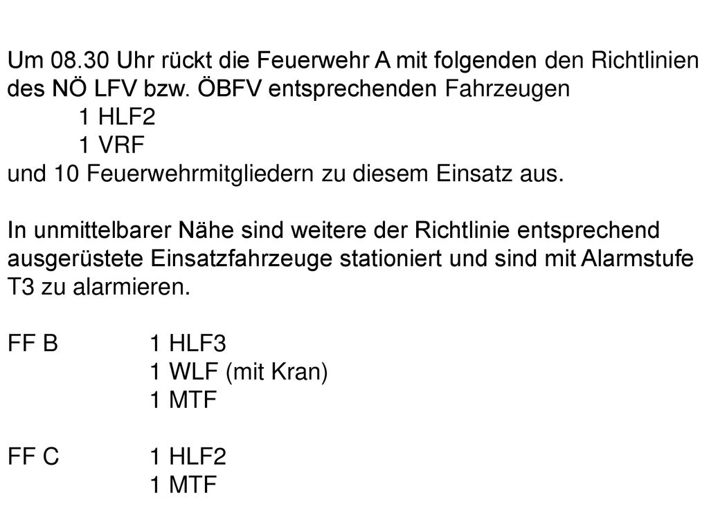 Um Uhr rückt die Feuerwehr A mit folgenden den Richtlinien des NÖ LFV bzw. ÖBFV entsprechenden Fahrzeugen