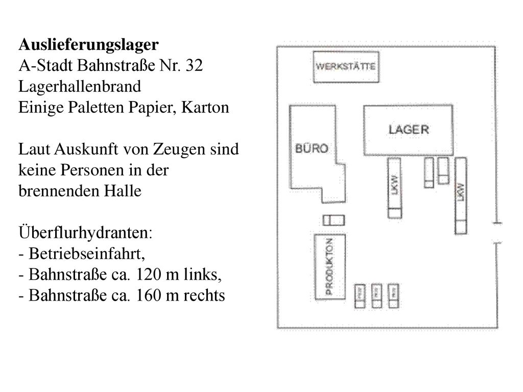 Auslieferungslager A-Stadt Bahnstraße Nr. 32. Lagerhallenbrand. Einige Paletten Papier, Karton. Laut Auskunft von Zeugen sind.