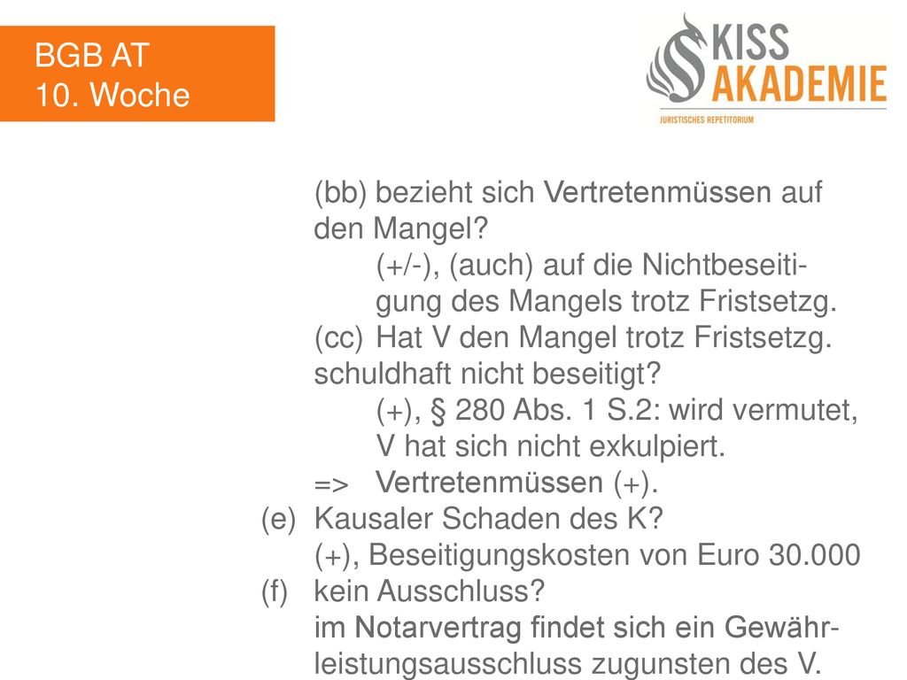 BGB AT 10. Woche (bb) bezieht sich Vertretenmüssen auf den Mangel