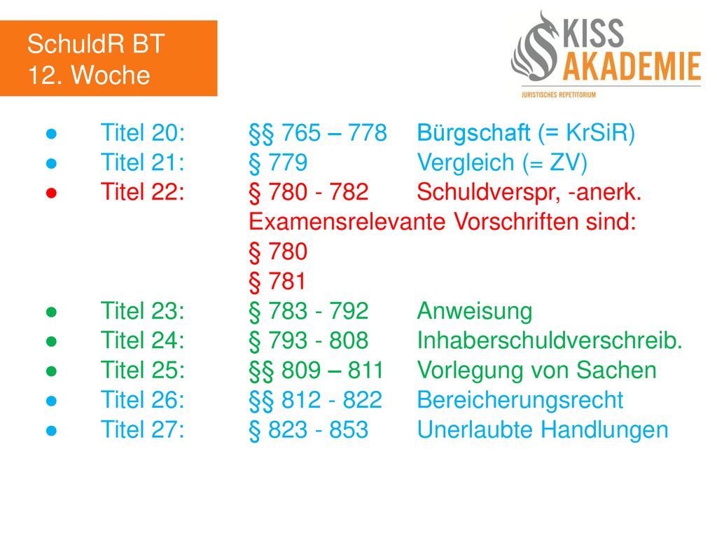 SchuldR BT 12. Woche ● Titel 20: §§ 765 – 778 Bürgschaft (= KrSiR)
