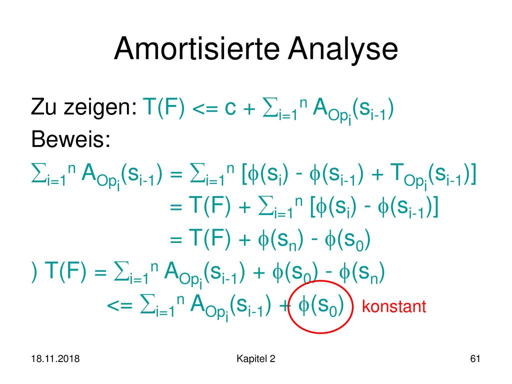 Amortisierte Analyse Zu zeigen: T(F) <= c + i=1n AOpi(si-1)