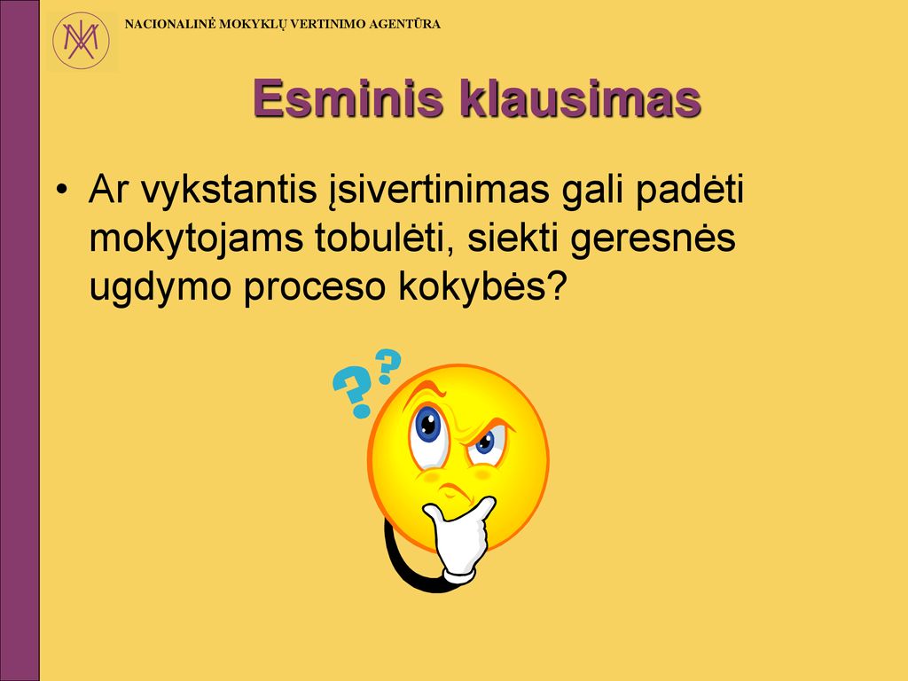 Esminis klausimas Ar vykstantis įsivertinimas gali padėti mokytojams tobulėti, siekti geresnės ugdymo proceso kokybės