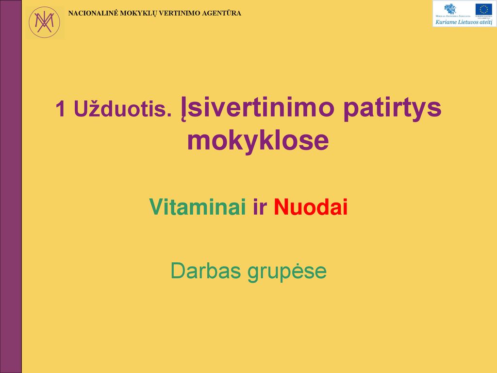 1 Užduotis. Įsivertinimo patirtys mokyklose Vitaminai ir Nuodai Darbas grupėse