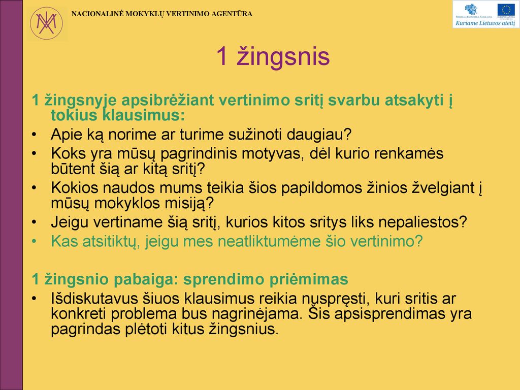 1 žingsnis 1 žingsnyje apsibrėžiant vertinimo sritį svarbu atsakyti į tokius klausimus: Apie ką norime ar turime sužinoti daugiau