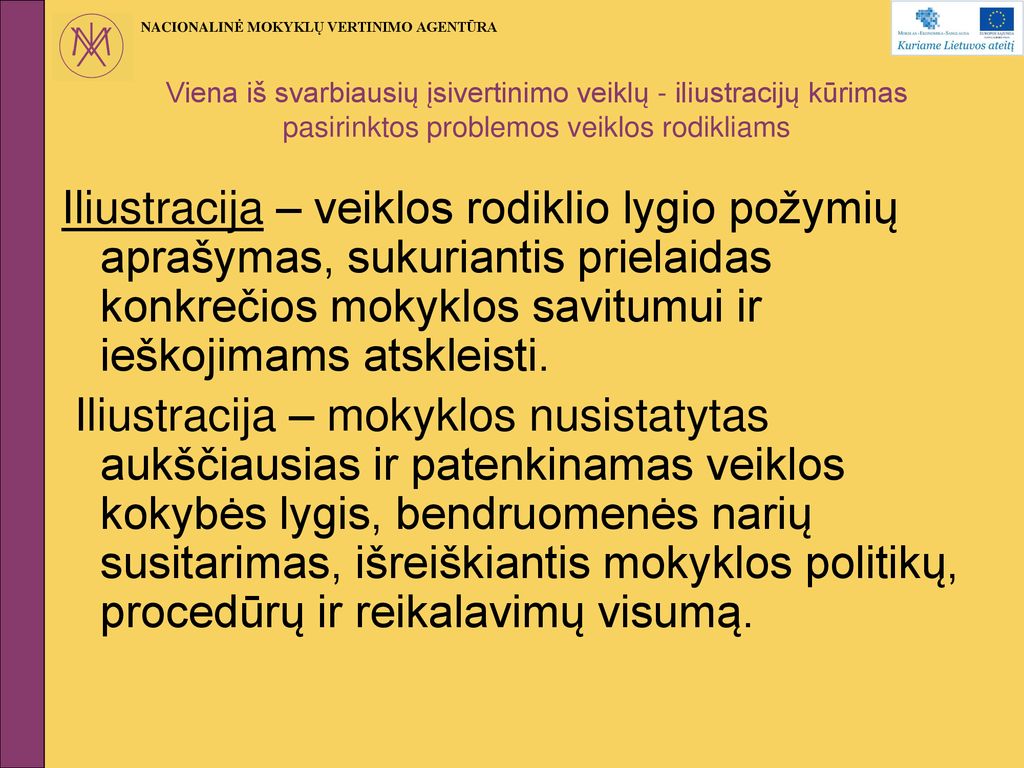 Viena iš svarbiausių įsivertinimo veiklų - iliustracijų kūrimas pasirinktos problemos veiklos rodikliams