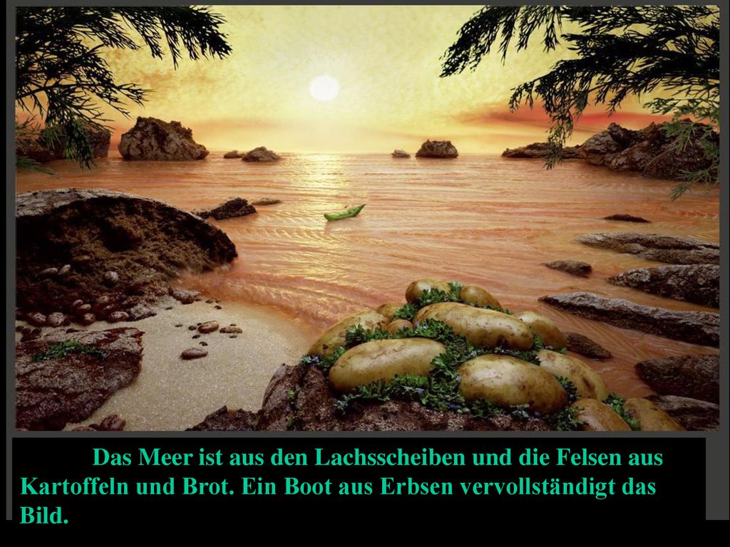 Das Meer ist aus den Lachsscheiben und die Felsen aus Kartoffeln und Brot.