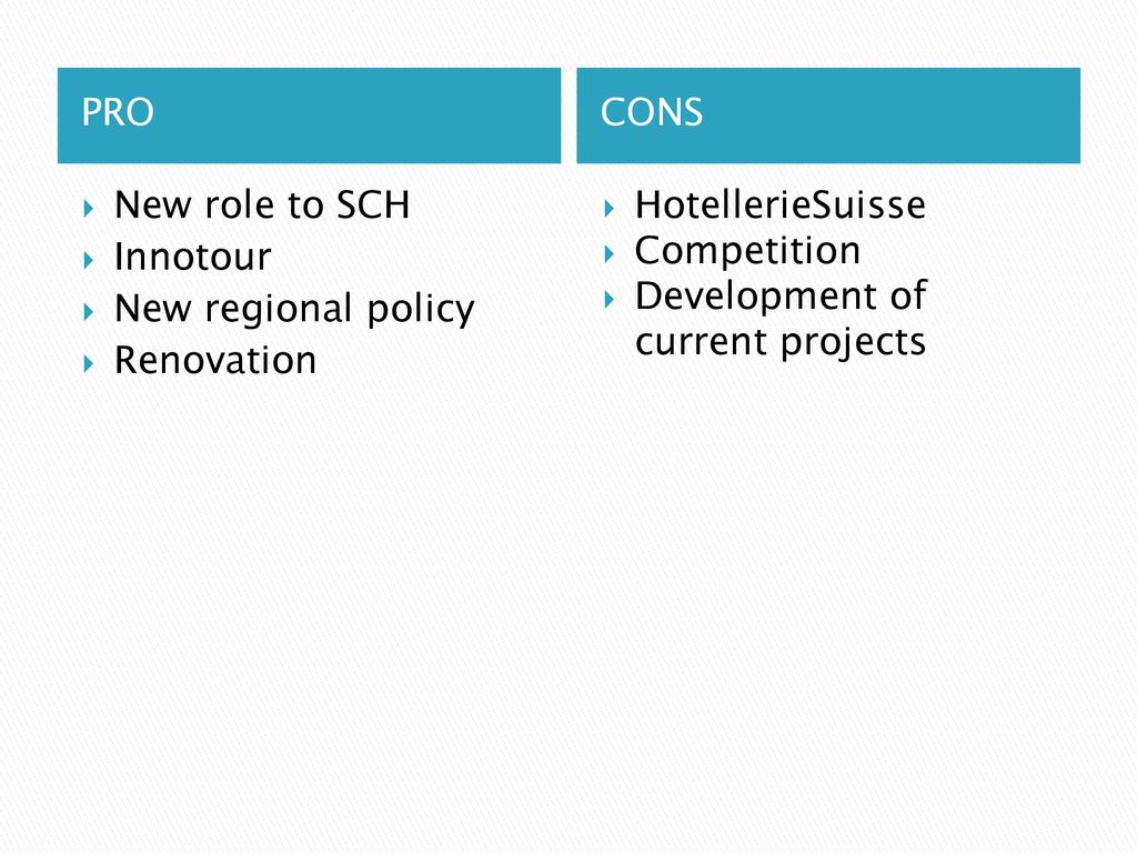 PRO CONS. New role to SCH. Innotour. New regional policy. Renovation. HotellerieSuisse. Competition.
