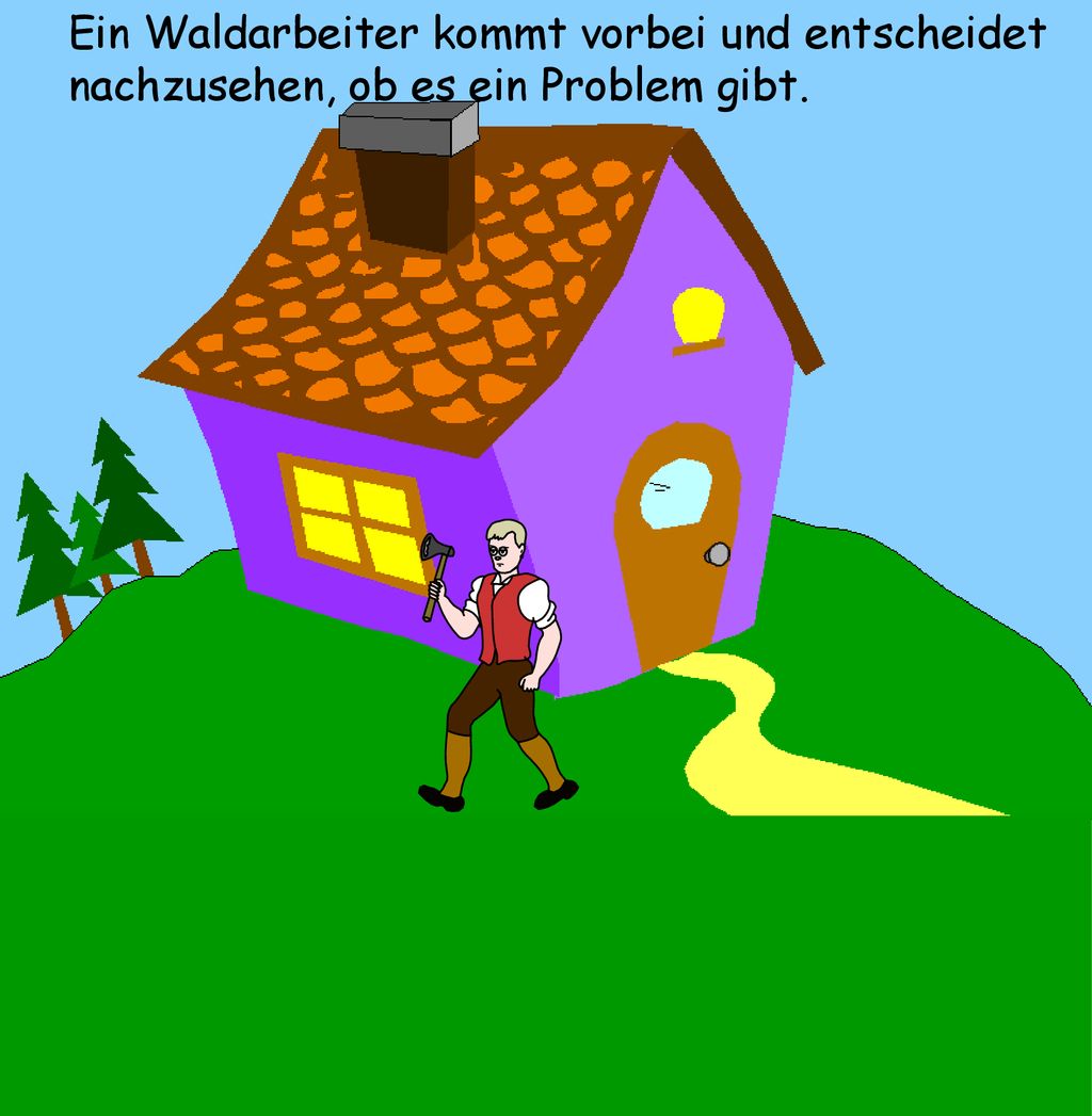Ein Waldarbeiter kommt vorbei und entscheidet nachzusehen, ob es ein Problem gibt.