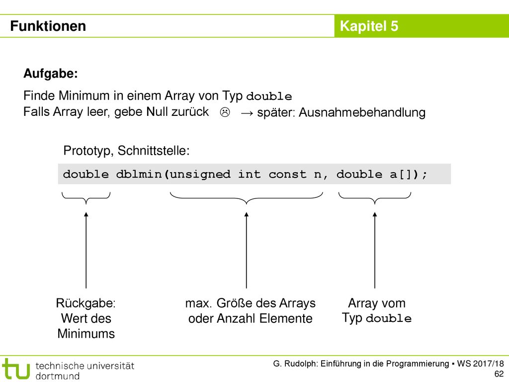 Funktionen Aufgabe: Finde Minimum in einem Array von Typ double Falls Array leer, gebe Null zurück.