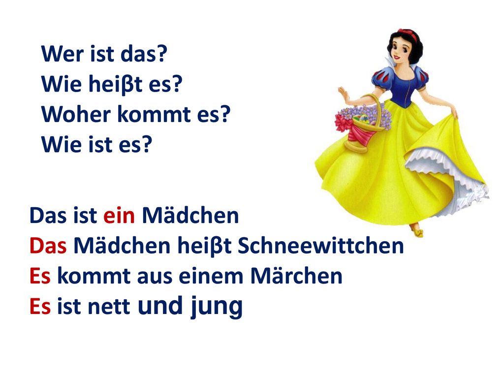 Wer ist das Wie heiβt es Woher kommt es Wie ist es Das ist ein Mädchen. Das Mädchen heiβt Schneewittchen.