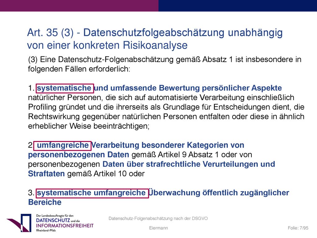 Art. 35 (3) - Datenschutzfolgeabschätzung unabhängig von einer konkreten Risikoanalyse