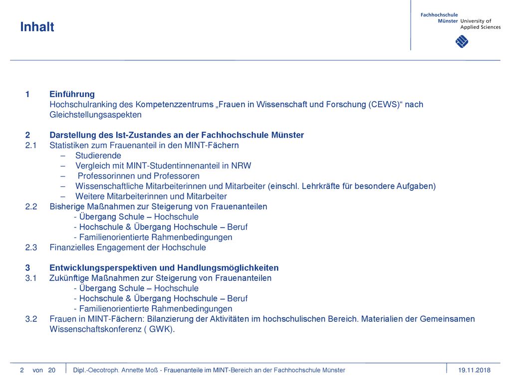 Inhalt 1 Einführung. Hochschulranking des Kompetenzzentrums „Frauen in Wissenschaft und Forschung (CEWS) nach Gleichstellungsaspekten.