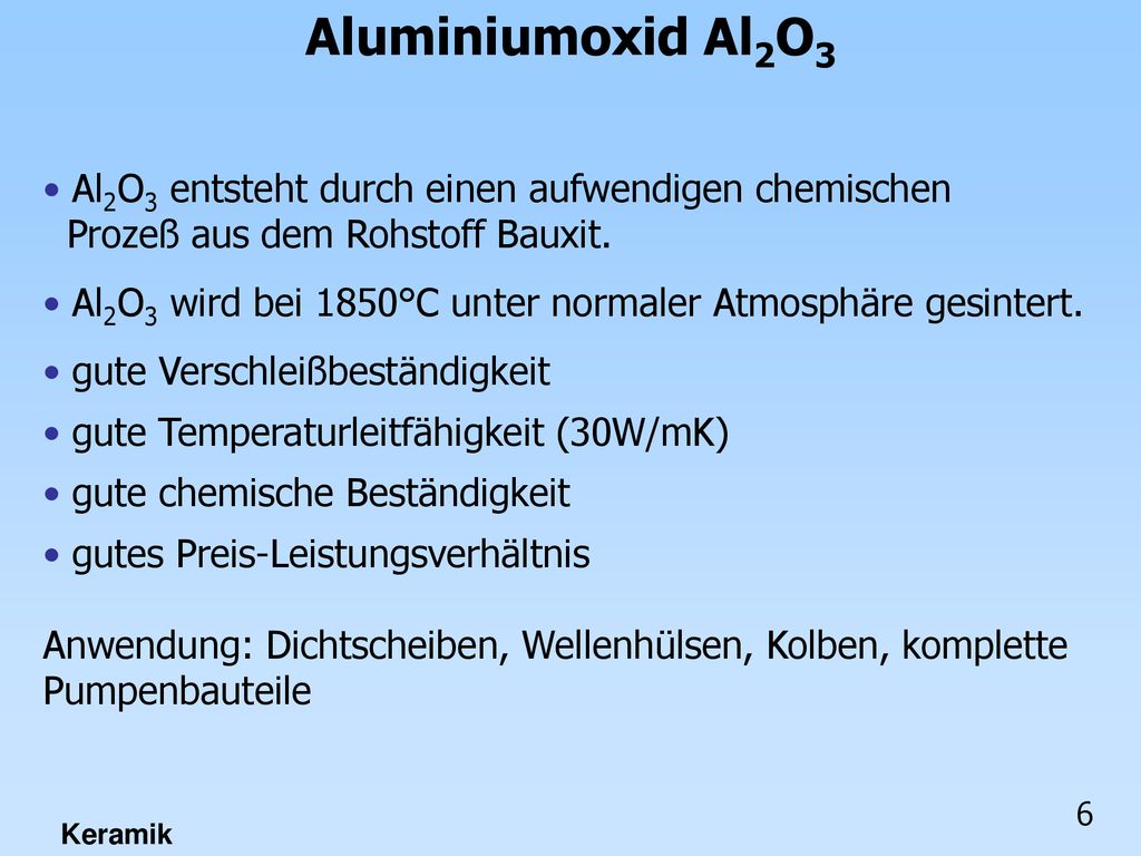 Aluminiumoxid Al2O3 Al2O3 entsteht durch einen aufwendigen chemischen Prozeß aus dem Rohstoff Bauxit.