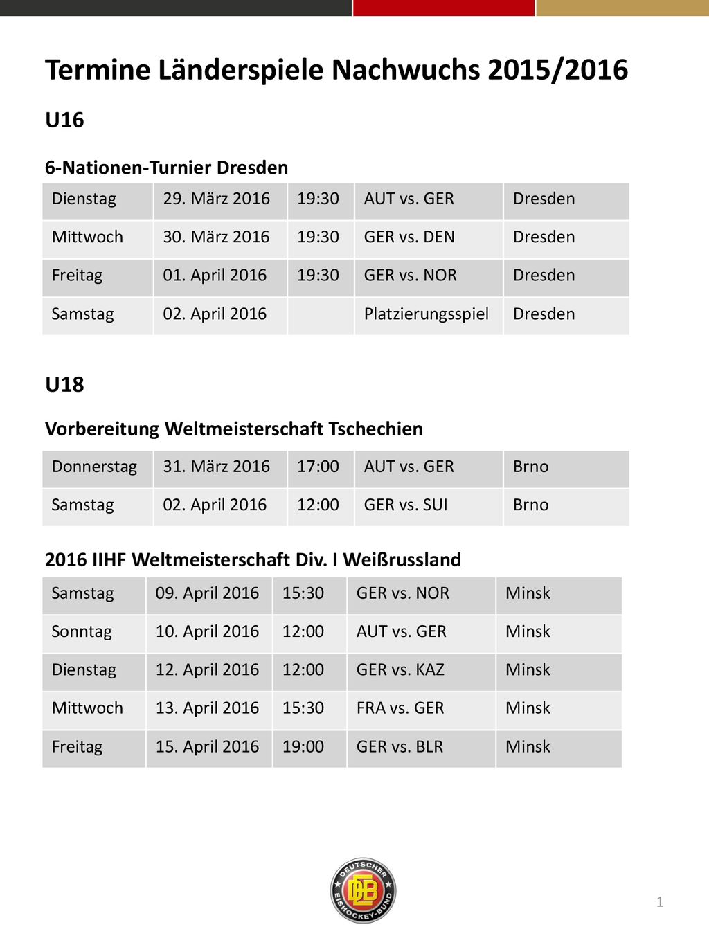 Termine Länderspiele Nachwuchs 2015/2016 U16 6-Nationen-Turnier Dresden U18 Vorbereitung Weltmeisterschaft Tschechien 2016 IIHF Weltmeisterschaft Div. I Weißrussland
