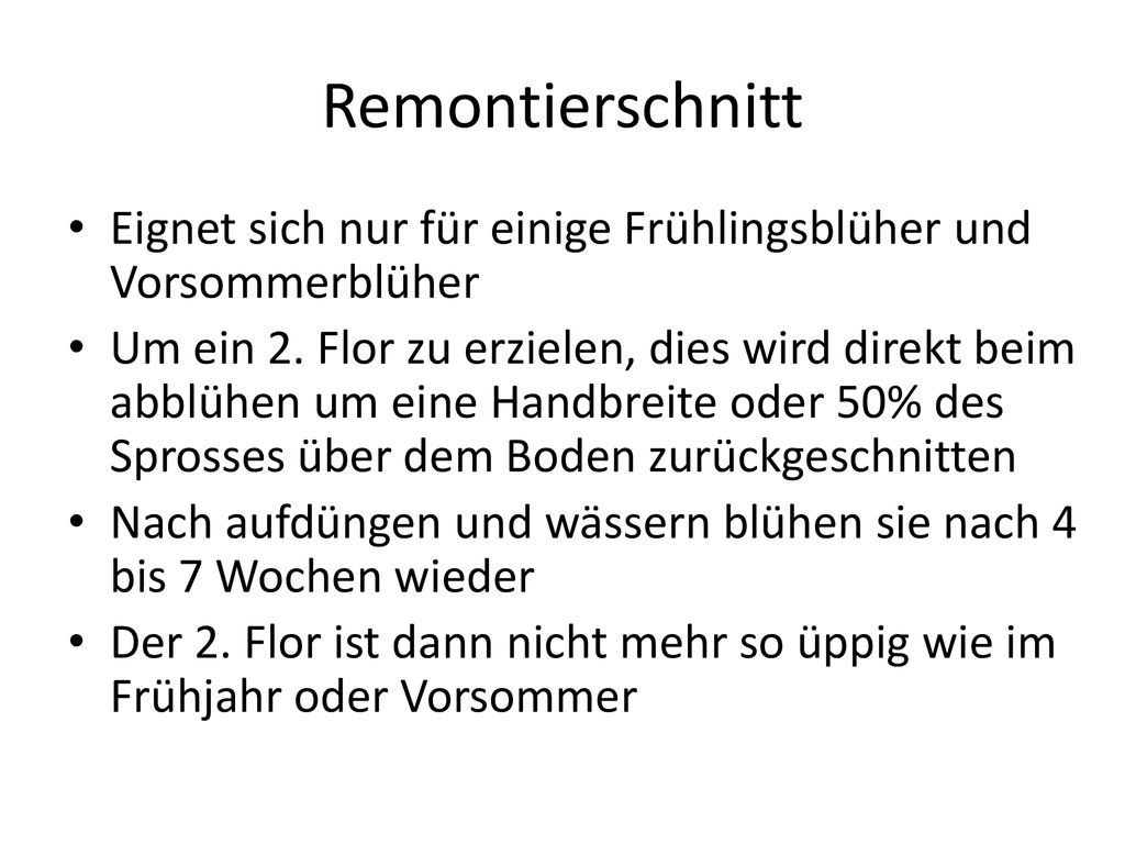 Remontierschnitt Eignet sich nur für einige Frühlingsblüher und Vorsommerblüher.