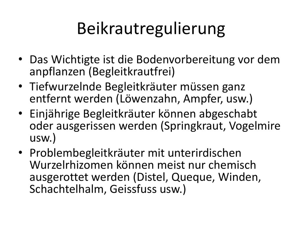 Beikrautregulierung Das Wichtigte ist die Bodenvorbereitung vor dem anpflanzen (Begleitkrautfrei)
