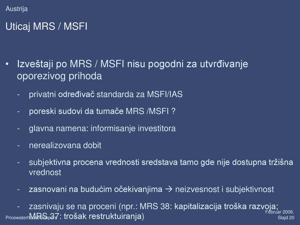 Izveštaji po MRS / MSFI nisu pogodni za utvrđivanje oporezivog prihoda