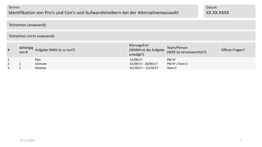 Termin: Identifikation von Pro‘s und Con‘s und Aufwandstreibern bei der Alternativenauswahl. Datum: