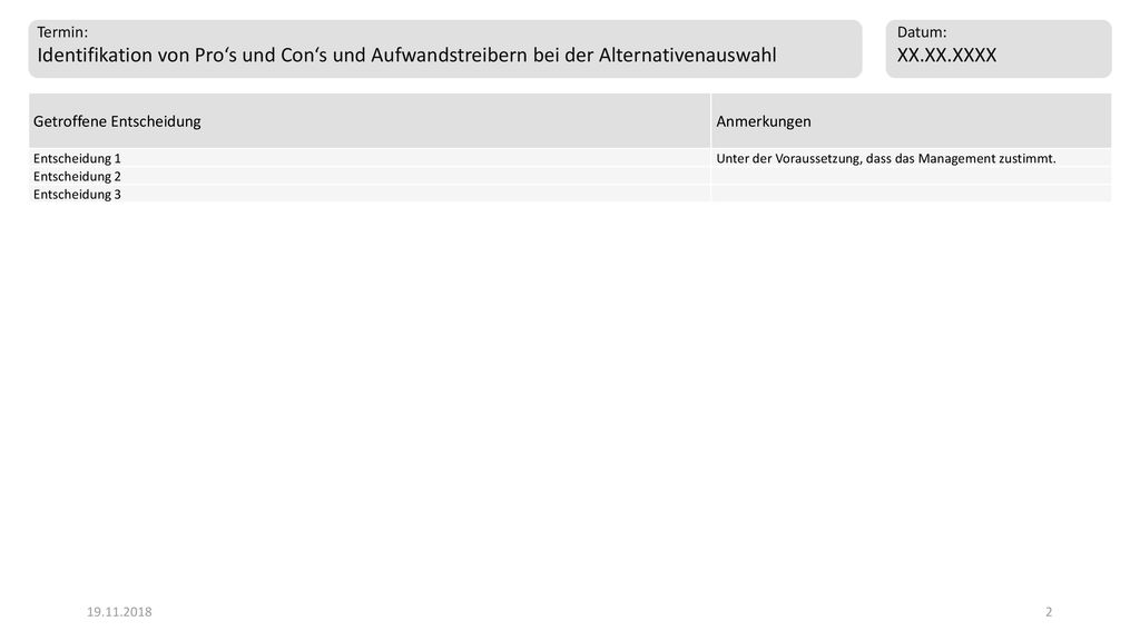 Termin: Identifikation von Pro‘s und Con‘s und Aufwandstreibern bei der Alternativenauswahl. Datum: