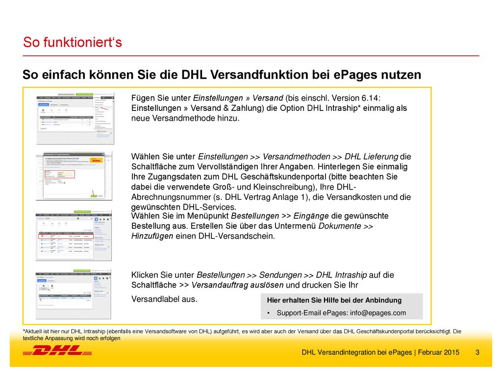 So funktioniert‘s So einfach können Sie die DHL Versandfunktion bei ePages nutzen.