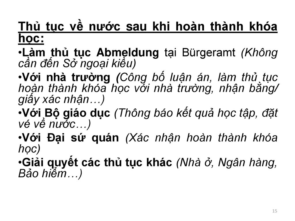 Thủ tục về nước sau khi hoàn thành khóa học: