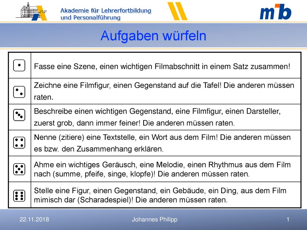 Aufgaben würfeln Fasse eine Szene, einen wichtigen Filmabschnitt in einem Satz zusammen!
