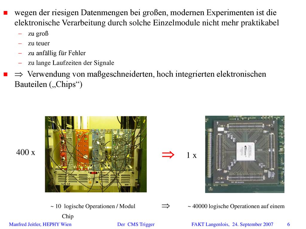 wegen der riesigen Datenmengen bei großen, modernen Experimenten ist die elektronische Verarbeitung durch solche Einzelmodule nicht mehr praktikabel