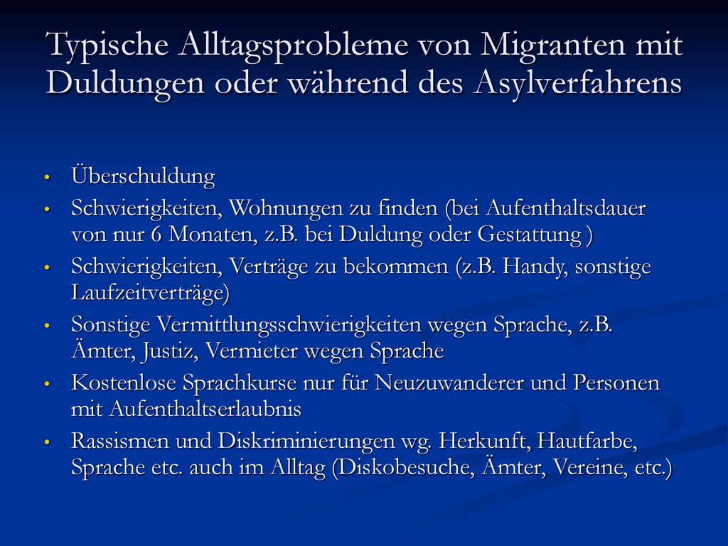 Typische Alltagsprobleme von Migranten mit Duldungen oder während des Asylverfahrens