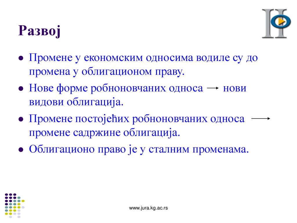 Развој Промене у економским односима водиле су до промена у облигационом праву. Нове форме робноновчаних односа нови видови облигација.
