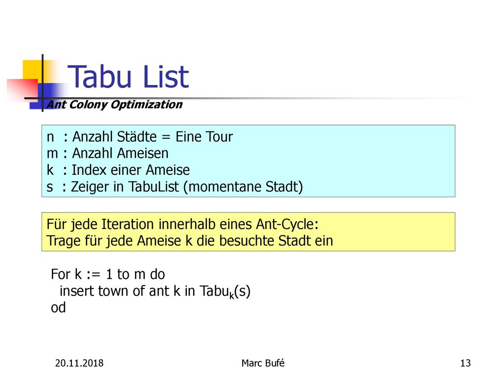 Tabu List n : Anzahl Städte = Eine Tour m : Anzahl Ameisen k : Index einer Ameise s : Zeiger in TabuList (momentane Stadt)
