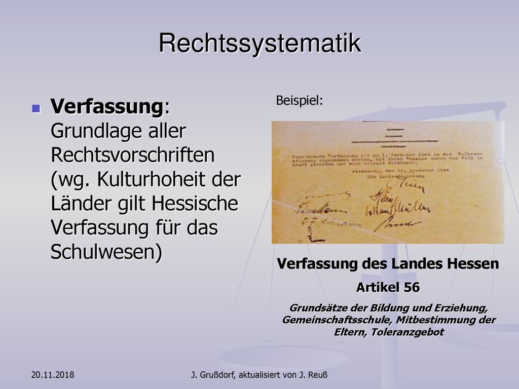 Rechtssystematik Verfassung: Grundlage aller Rechtsvorschriften (wg. Kulturhoheit der Länder gilt Hessische Verfassung für das Schulwesen)